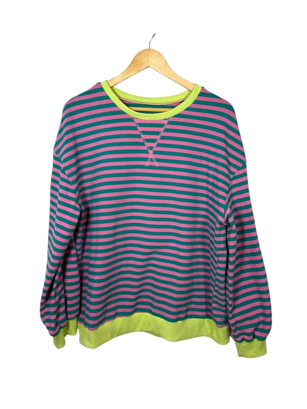 Pink Teal Striped Cotton Blend Crewneck Sweatshirt Size M